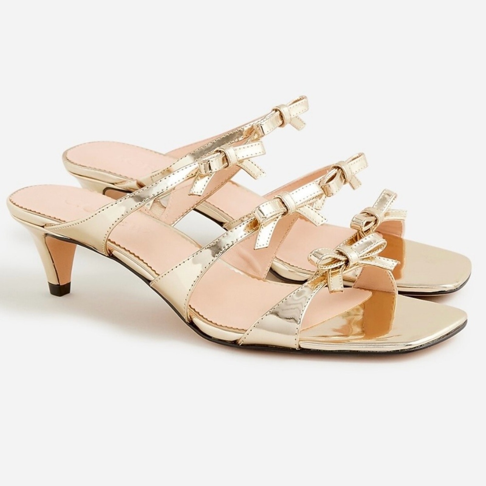 J. Crew Zadie Bow-Strap Heels In Gold Metallic Leather, Feminine Coquette Size 6